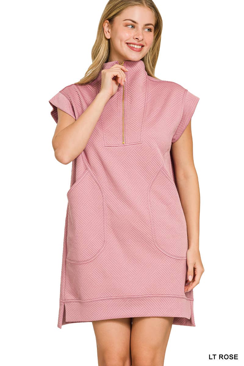 Textured Knit Jacquard Quarter Zipper Mini Dress