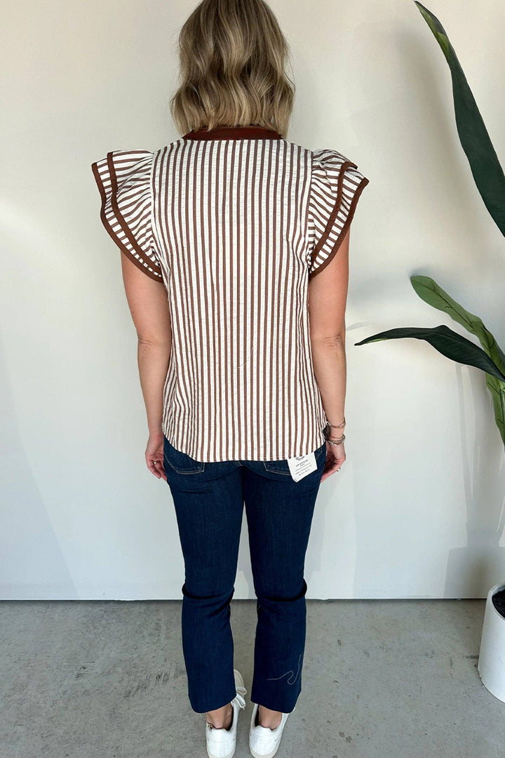 Khaki Stripe Double Ruffled Short Sleeve V Neck Blouse