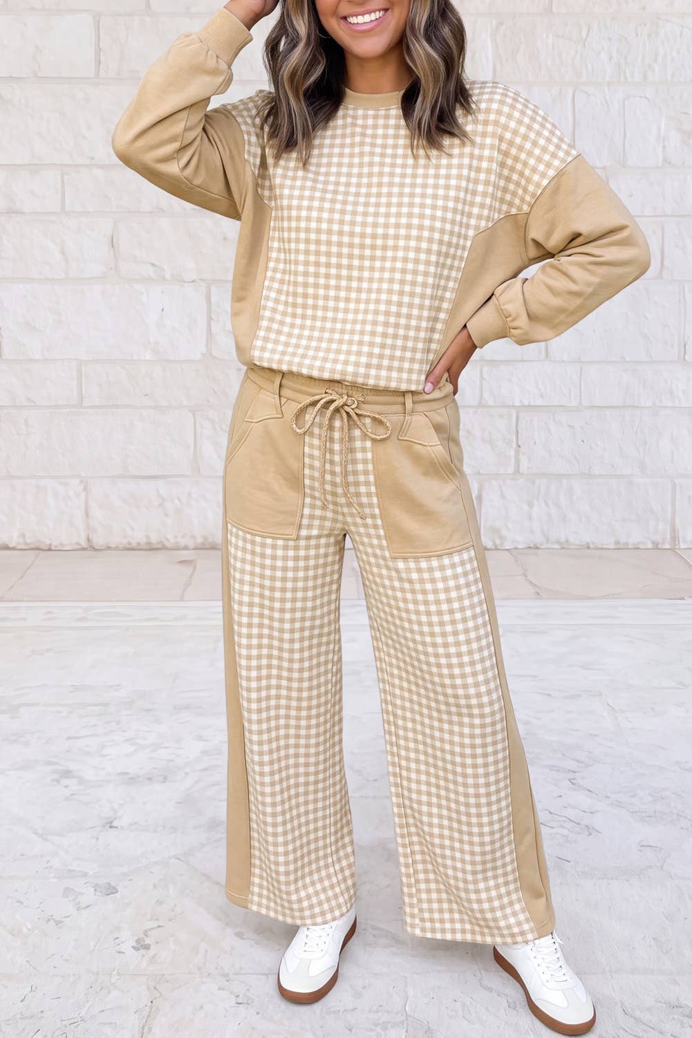 1 the Woman - Plaid Patchwork Long Sleeve Pullover Wide Leg Pant Set