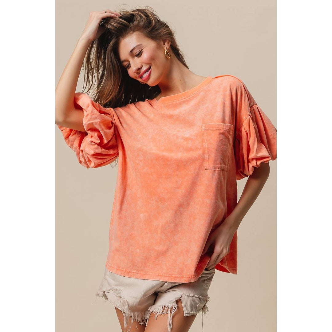 BiBi - MINERAL WASHED PUFF SLEEVE JERSEY TOP