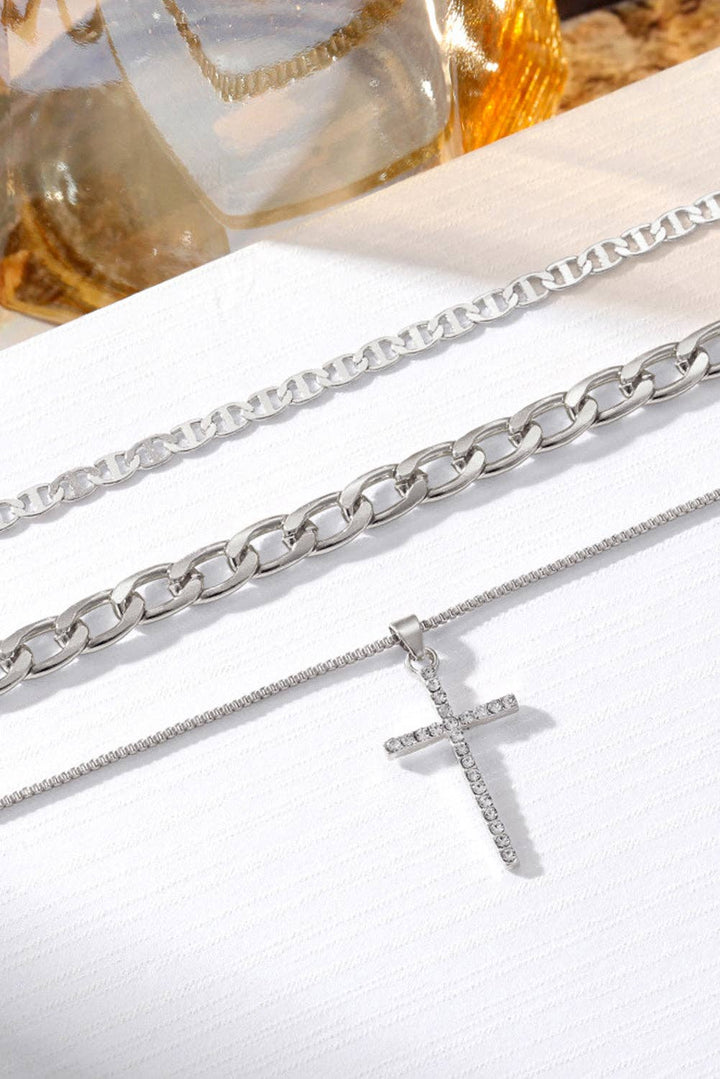 Gold Layered Chain Cross Pendant Necklace Set