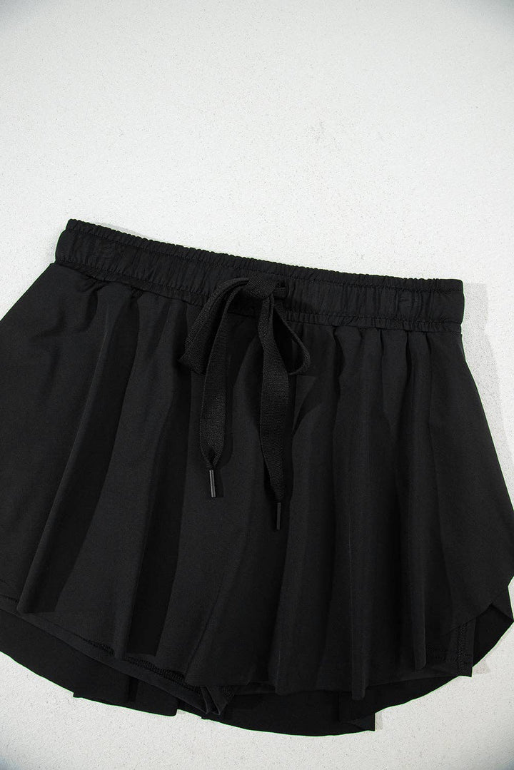 Black High Waist Drawstring Tennis Skort with Lining