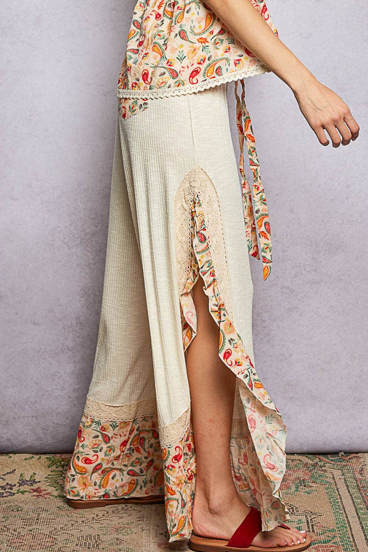 Pol Clothing - Floral Pattern Ruffle Detail Ribbed Knit Pants
