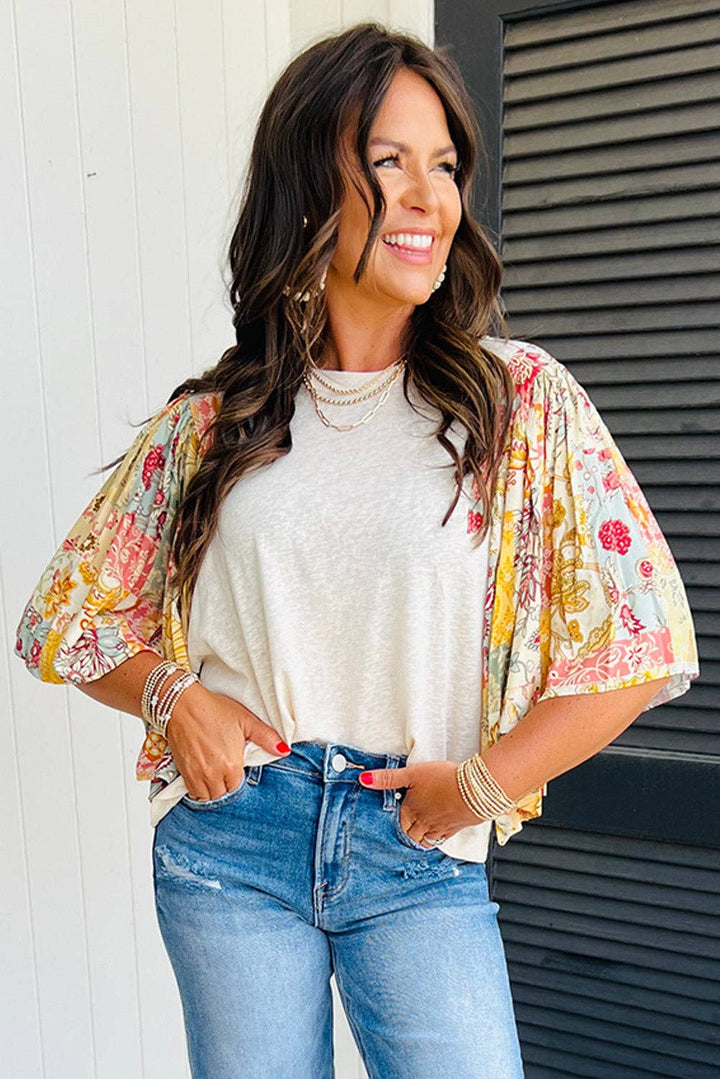 Beige Floral Patchwork Batwing Sleeve Round Neck Blouse