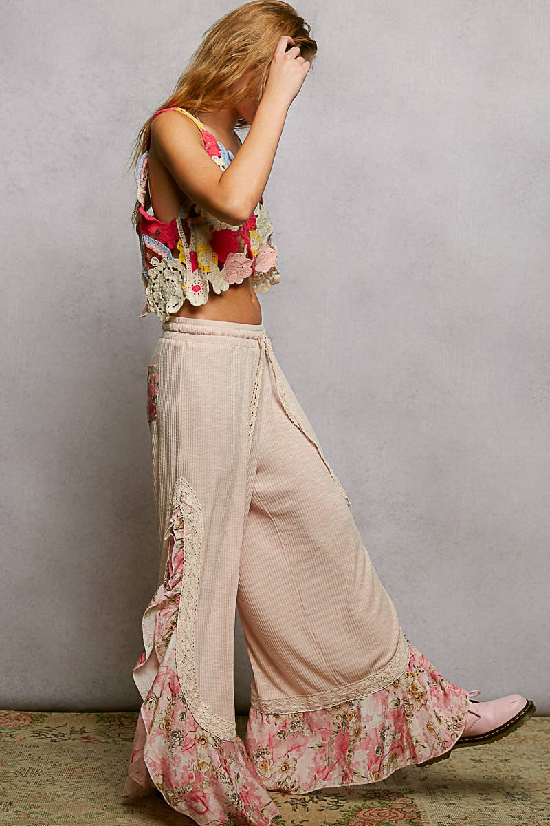 Pol Clothing - Floral Pattern Ruffle Detail Ribbed Knit Pants