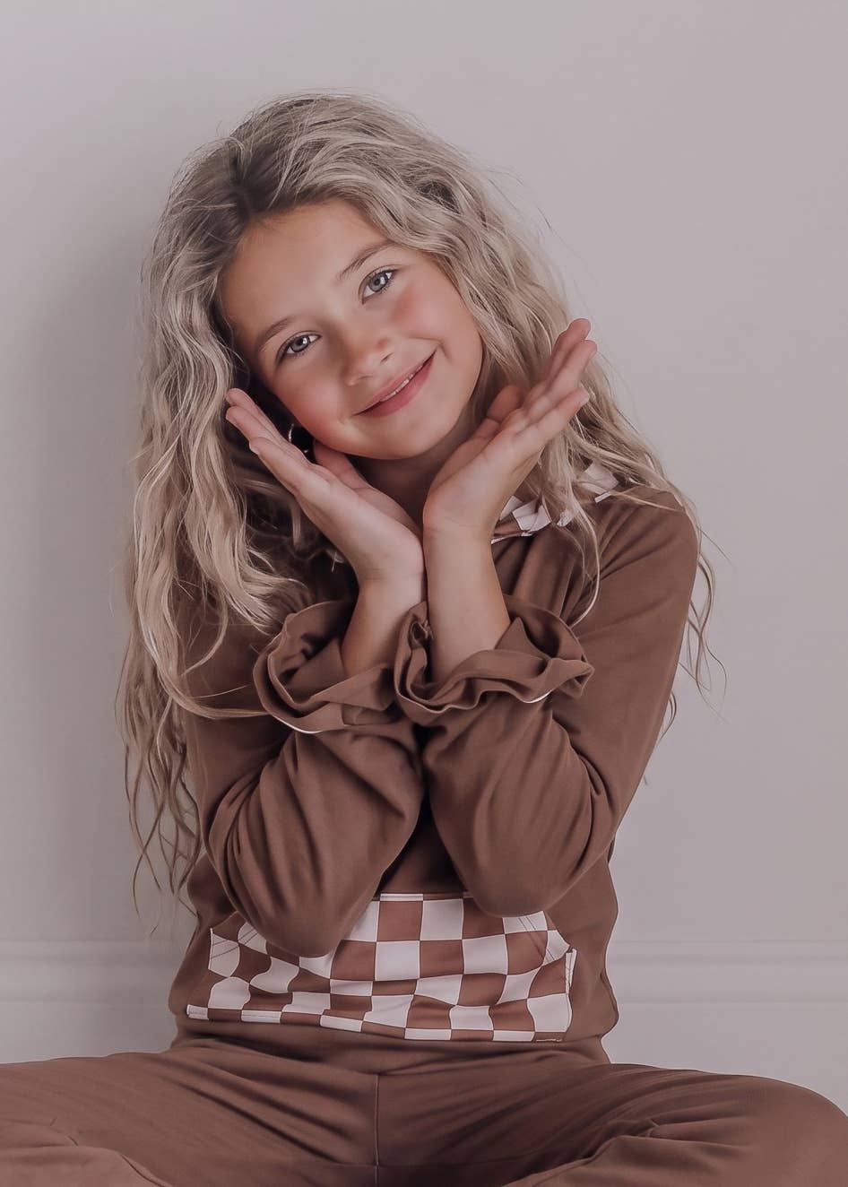 Kids Chocolate Checkered Hooded Ruffle Pocket Lounge Set