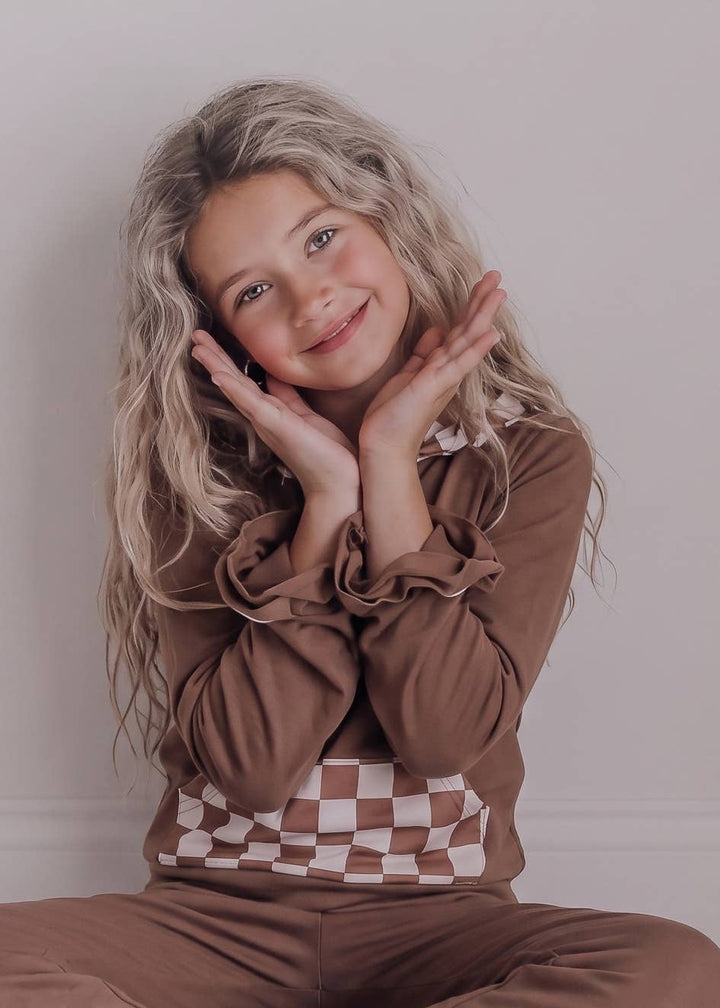 Kids Chocolate Checkered Hooded Ruffle Pocket Lounge Set