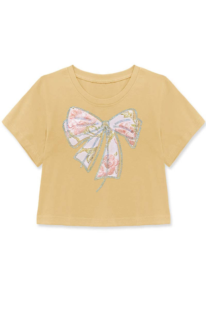 Girls Crop Tee w/ Bow Patch &amp; Rhinestone