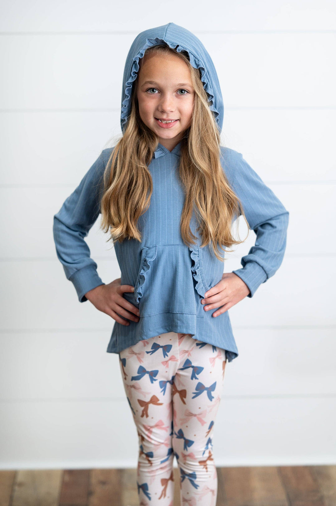 Girls Blue Ruffle Hi-Lo Hoodie &amp; Coquette Bow Legging Set