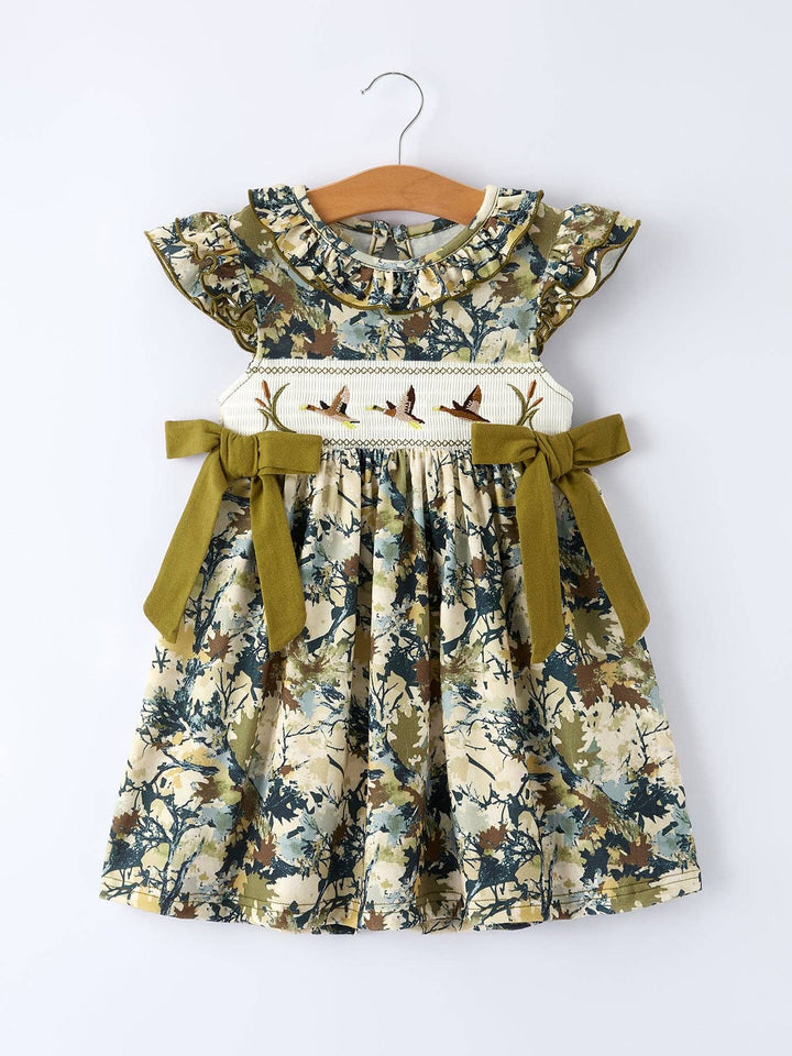 Rylee Faith Designs - Camo Duck Smocked Bow Ruffle Sleeves Girls Dress
