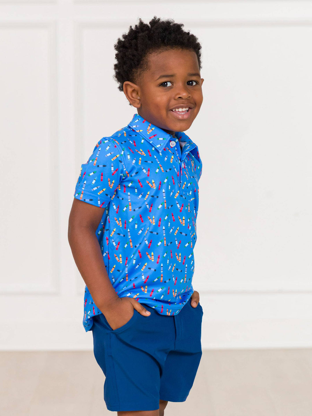 RuffleButts- Boys Tiny Crayons Knit Short Sleeve Performance Polo