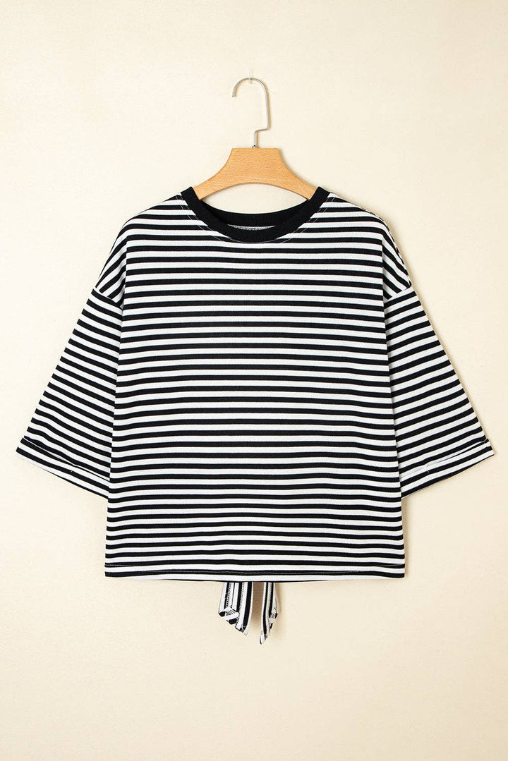 Red Stripe Bow Cutout Back Drop Shoulder Loose Tee