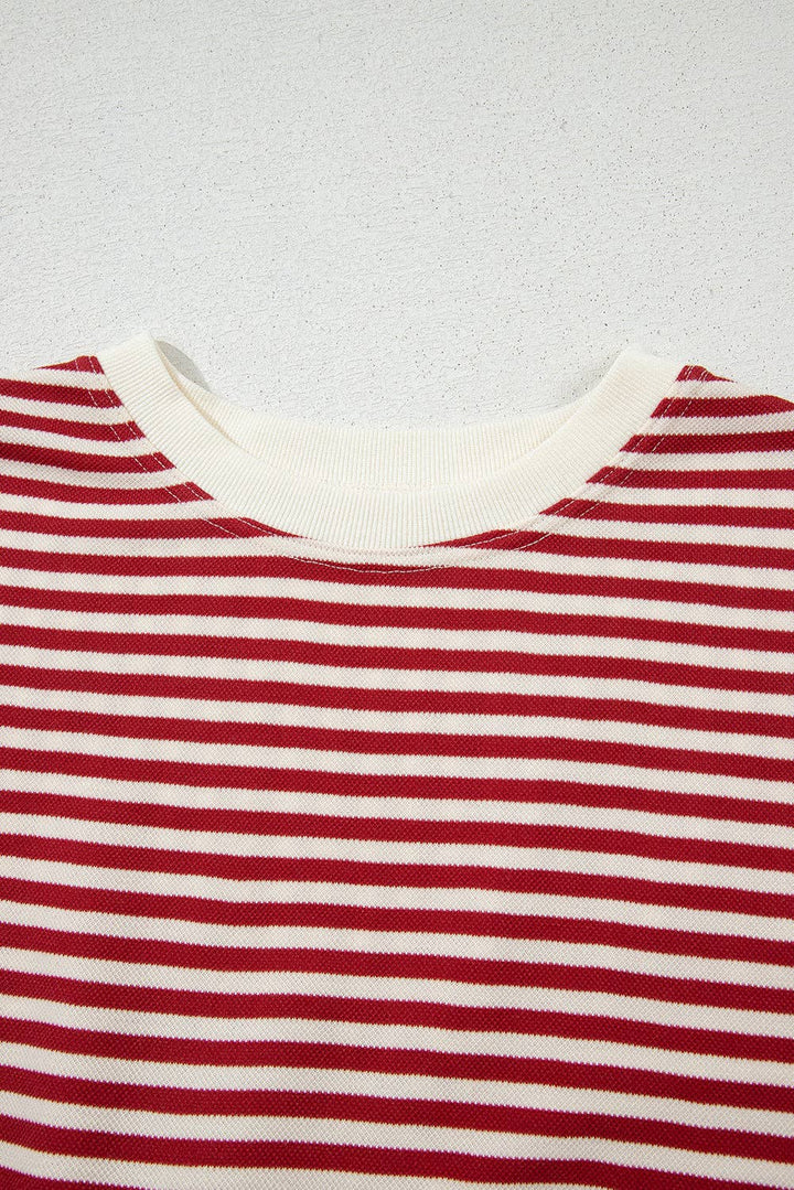 Red Stripe Bow Cutout Back Drop Shoulder Loose Tee