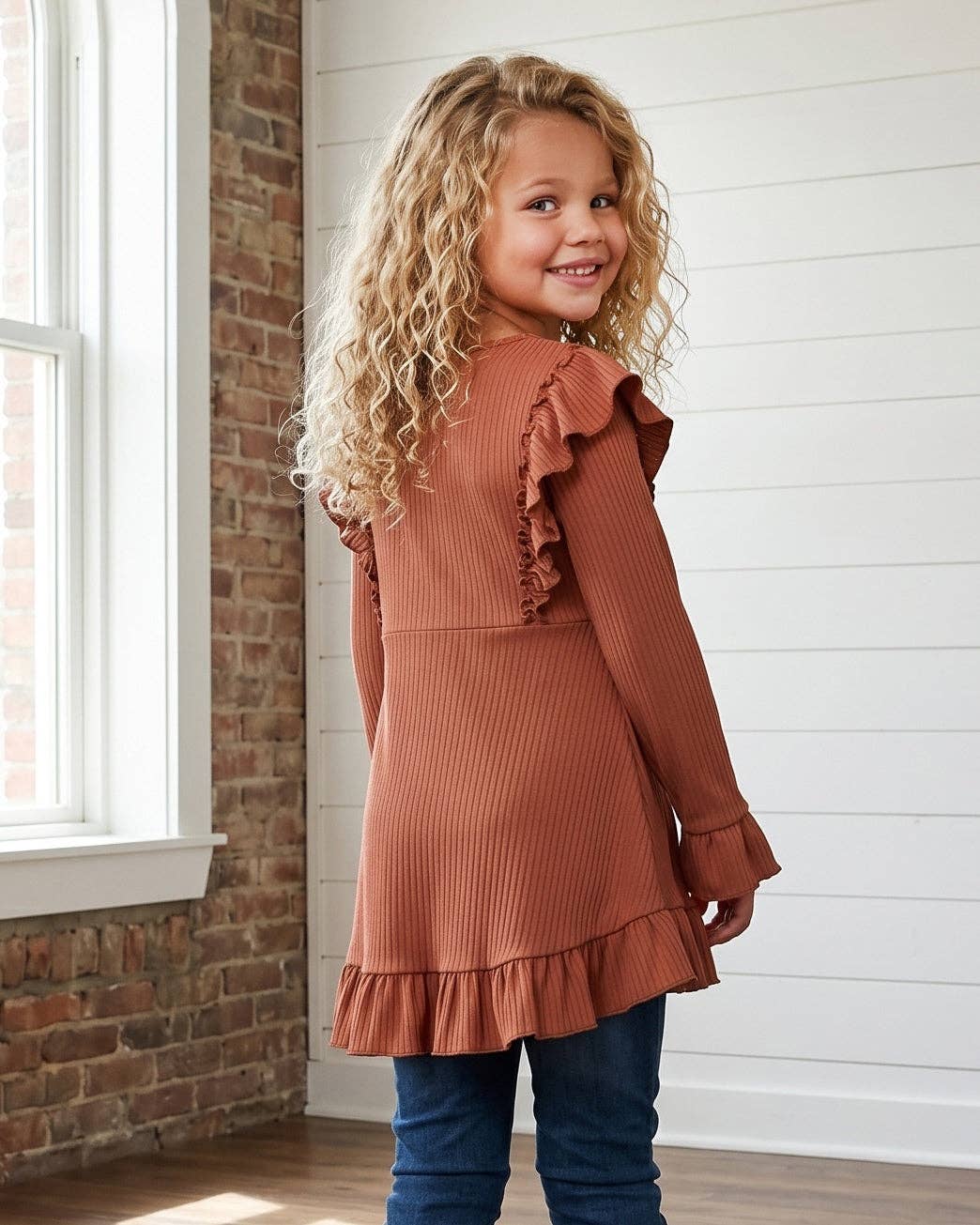 Kids Brown Toffee Ribbed Long Sleeve Button Ruffle Shirt