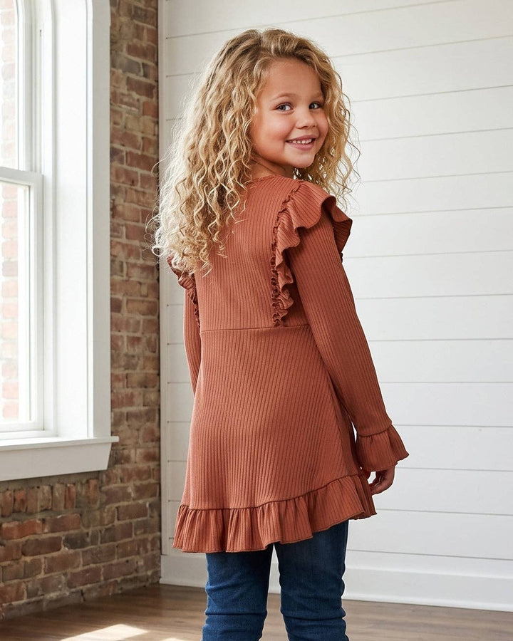 Kids Brown Toffee Ribbed Long Sleeve Button Ruffle Shirt