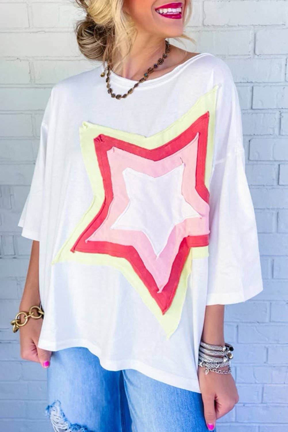Lovesoft - Colorblock Star Patched Half Sleeve Oversized Tee