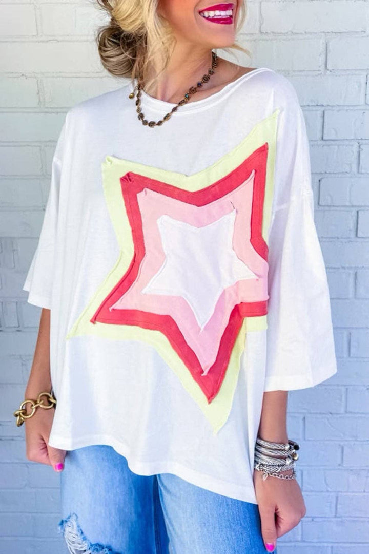 Lovesoft - Colorblock Star Patched Half Sleeve Oversized Tee