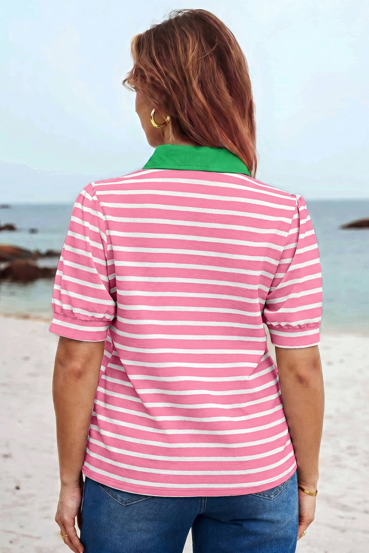 Short Puff Sleeve Color Block Polo Collar Blouse