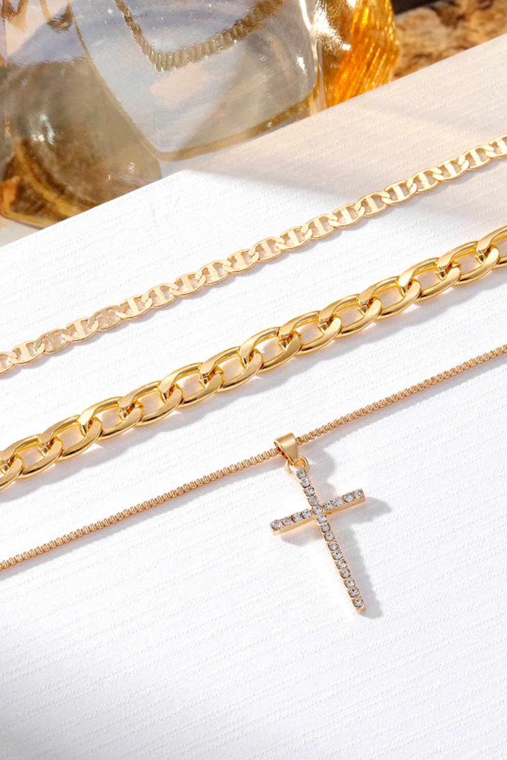 Gold Layered Chain Cross Pendant Necklace Set