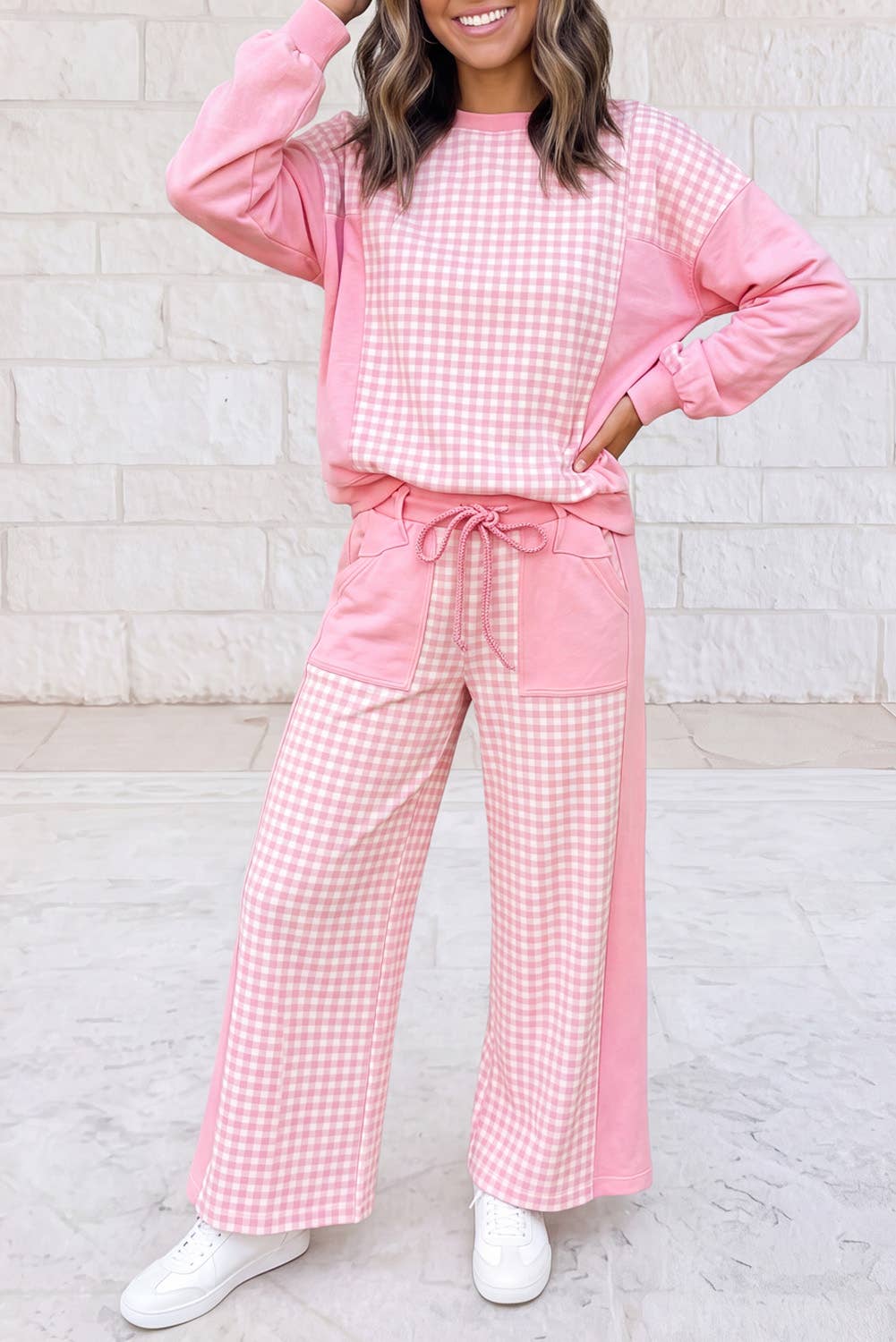 1 the Woman - Plaid Patchwork Long Sleeve Pullover Wide Leg Pant Set