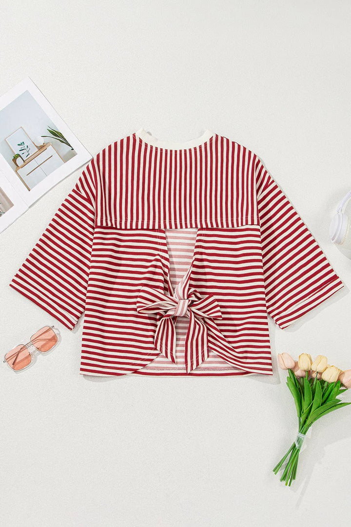 Red Stripe Bow Cutout Back Drop Shoulder Loose Tee