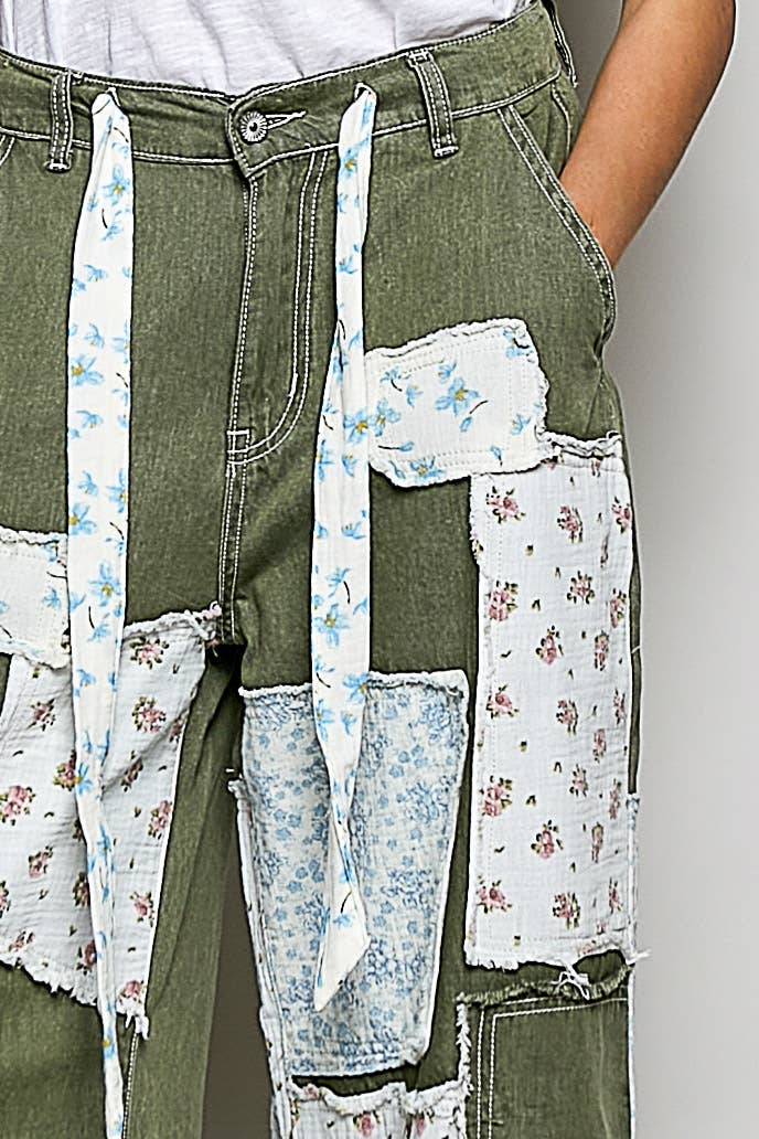 Pol Clothing - Patchwork Detail Denim Straight Fit Pants