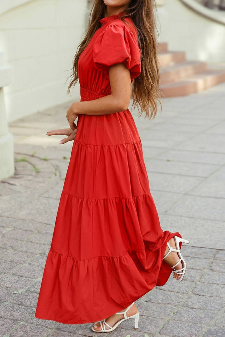 Color V Neck Short Puff Sleeve High Waist Tiered Maxi Dress