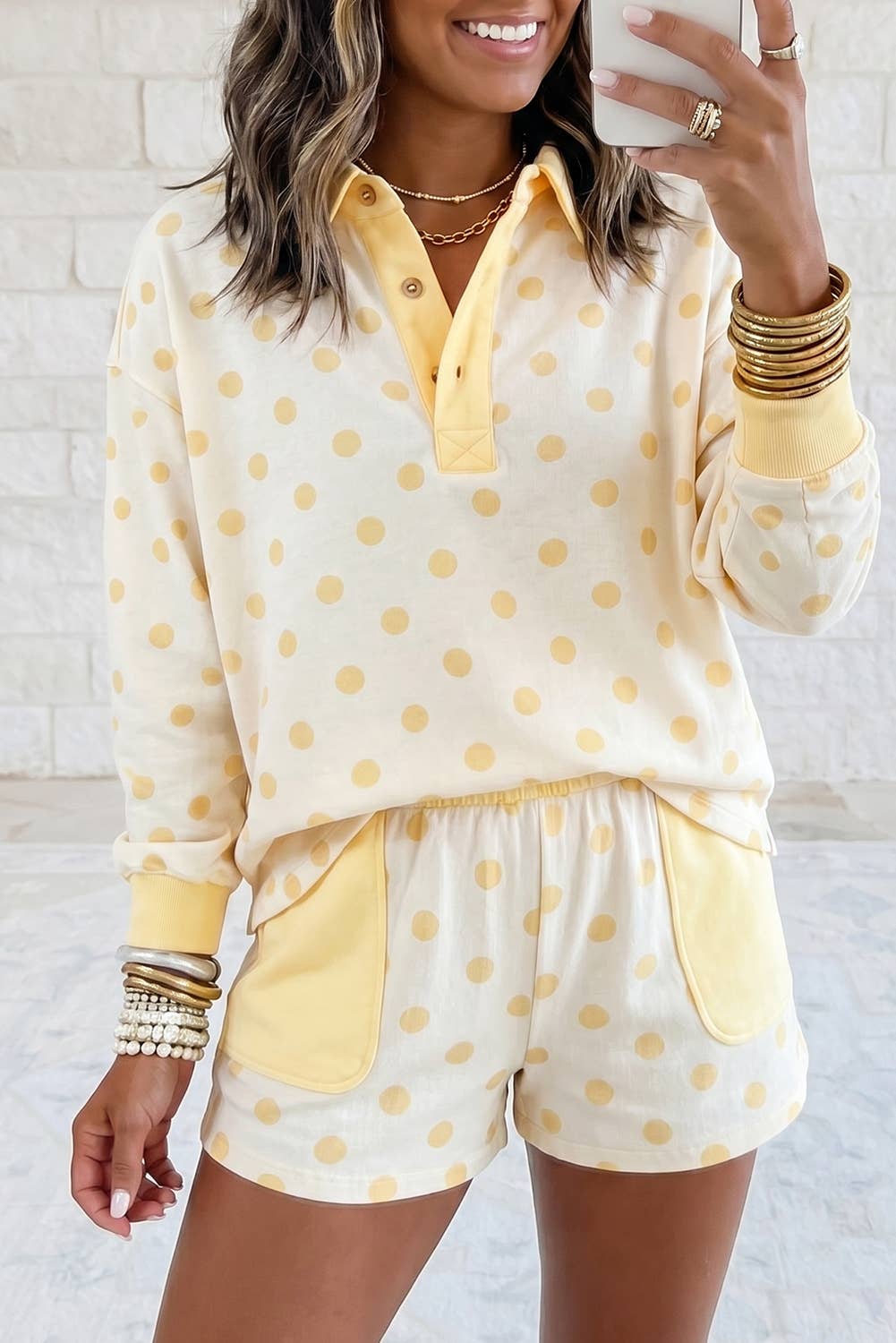 1 the Woman - Polka Dot Contrast Patchwork Long Sleeve Top Short Set