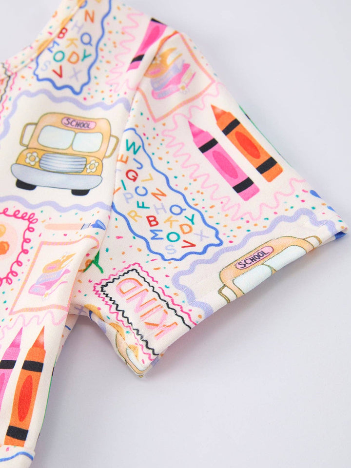 Back to School Rainbow Print Girls Dress Short Sleeve