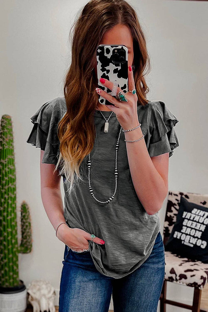 - Dark Grey Ruffle Sleeve Tee Casual Summer Top