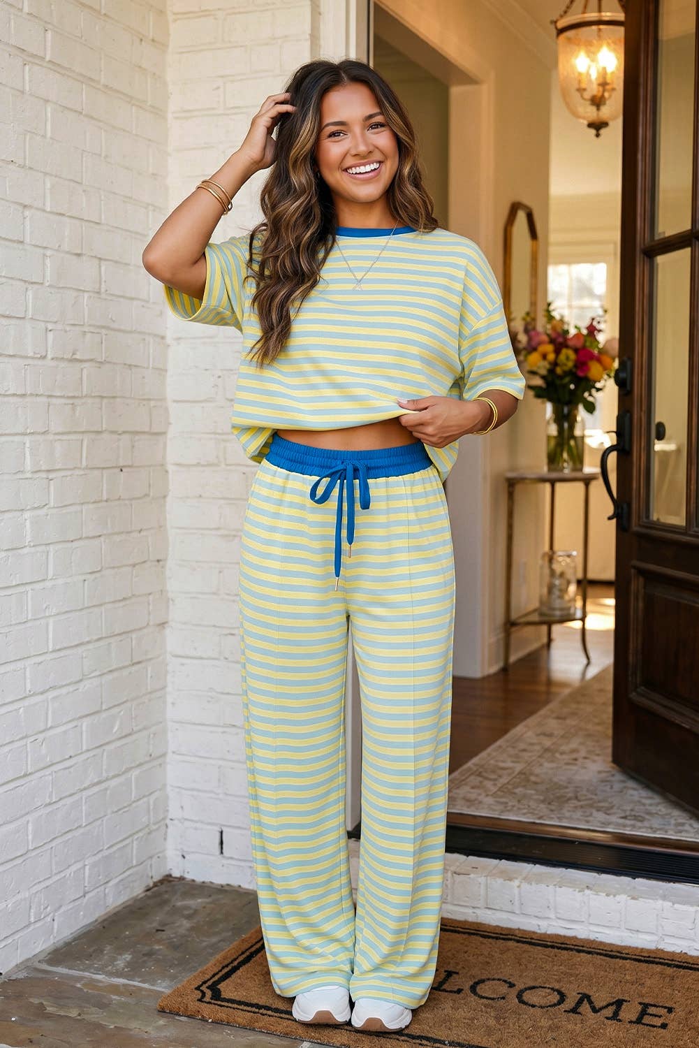 Stripe Drawstring Casual Lounge 2 Piece Set
