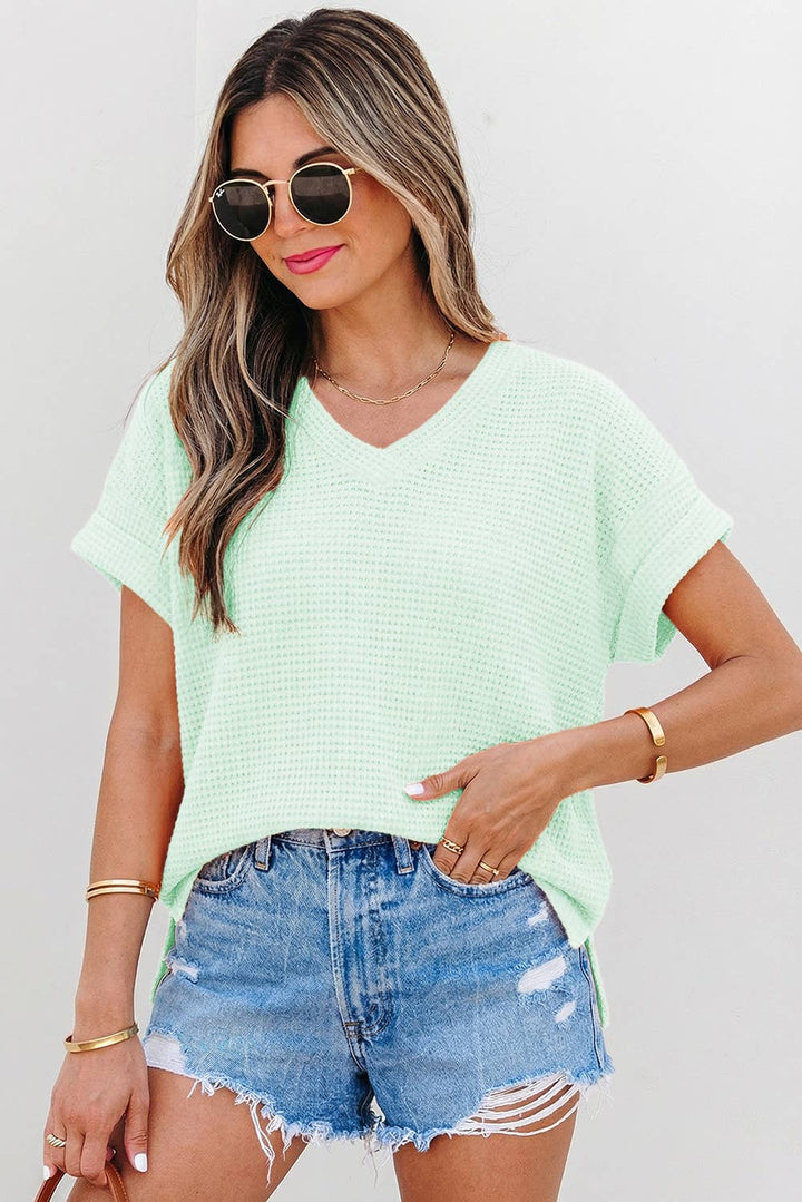 Aapparella - Waffle Texture V Neck Short Sleeve Knit Top | S-XL