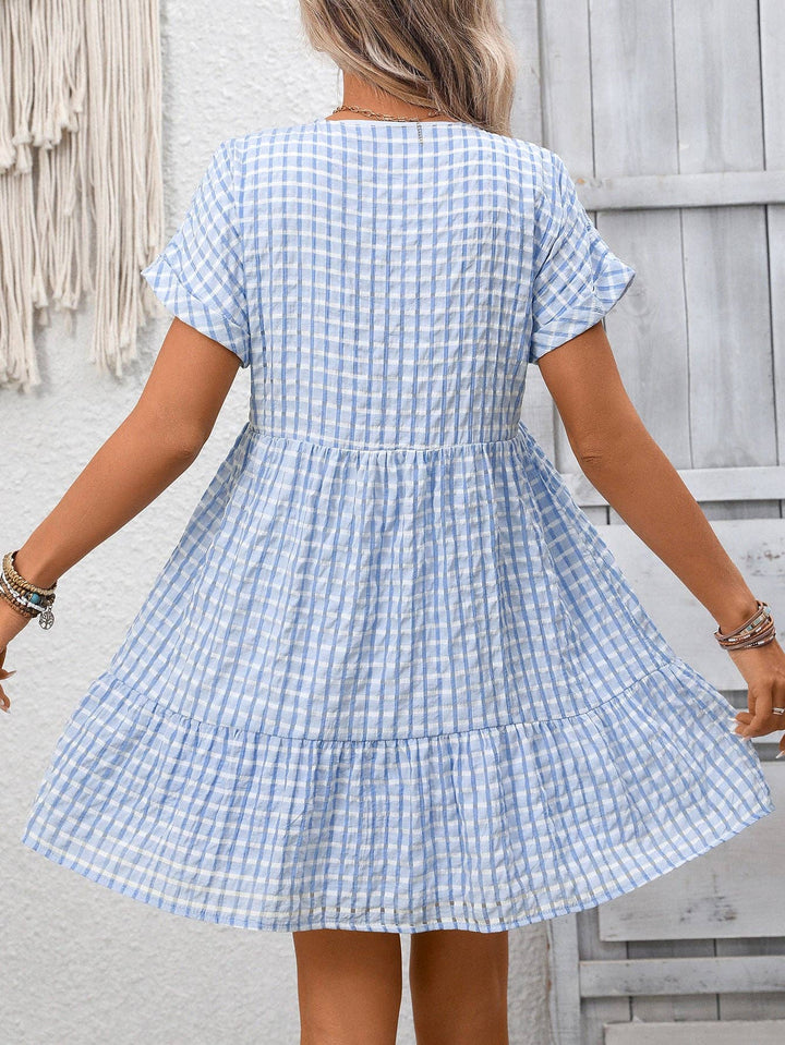 Gingham V Neck Short Sleeve Summer Dress with Ruffle Hem