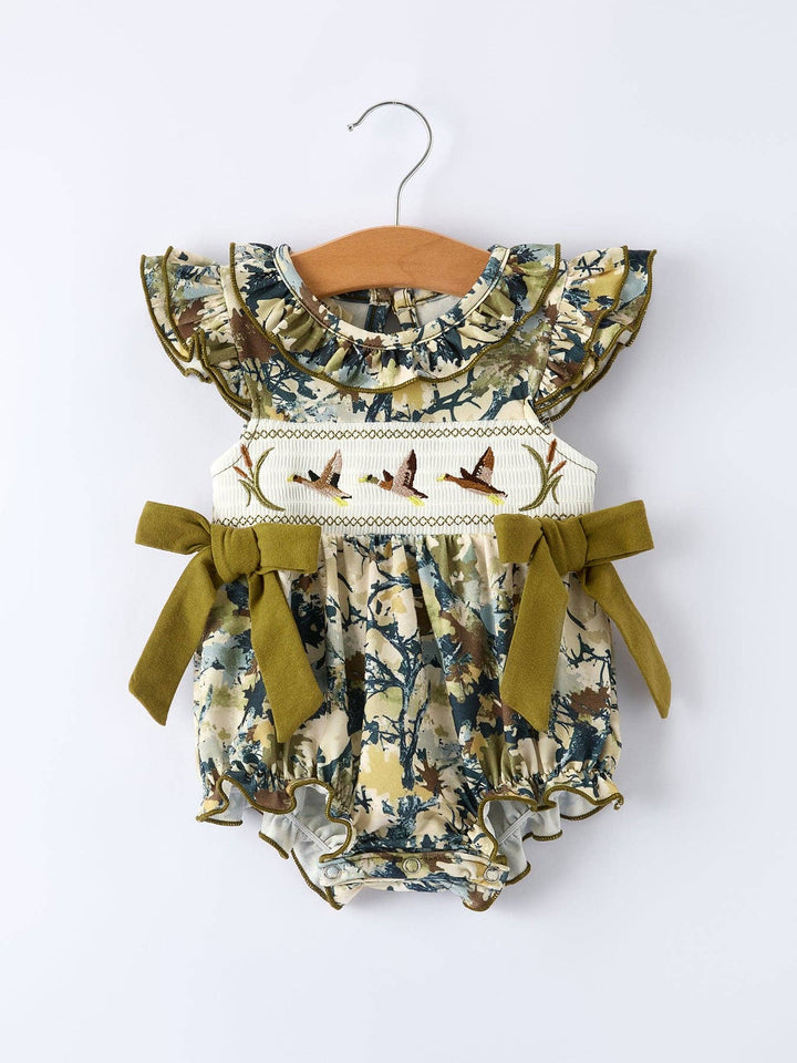 Rylee Faith Designs - Duck Smocking Embroidery Baby Girls Camouflage Romper
