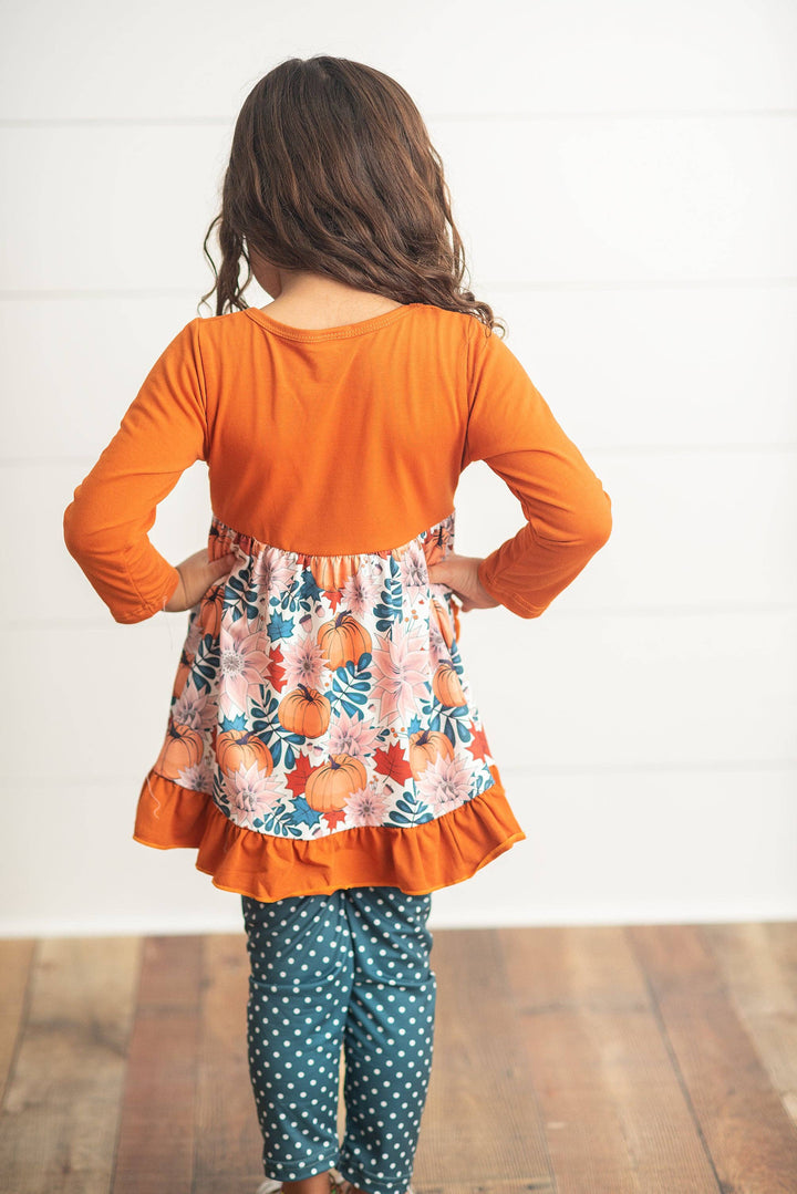 Kids Sage &amp; Pumpkin Ruffle Pocket Polka Dot Fall Pant Set