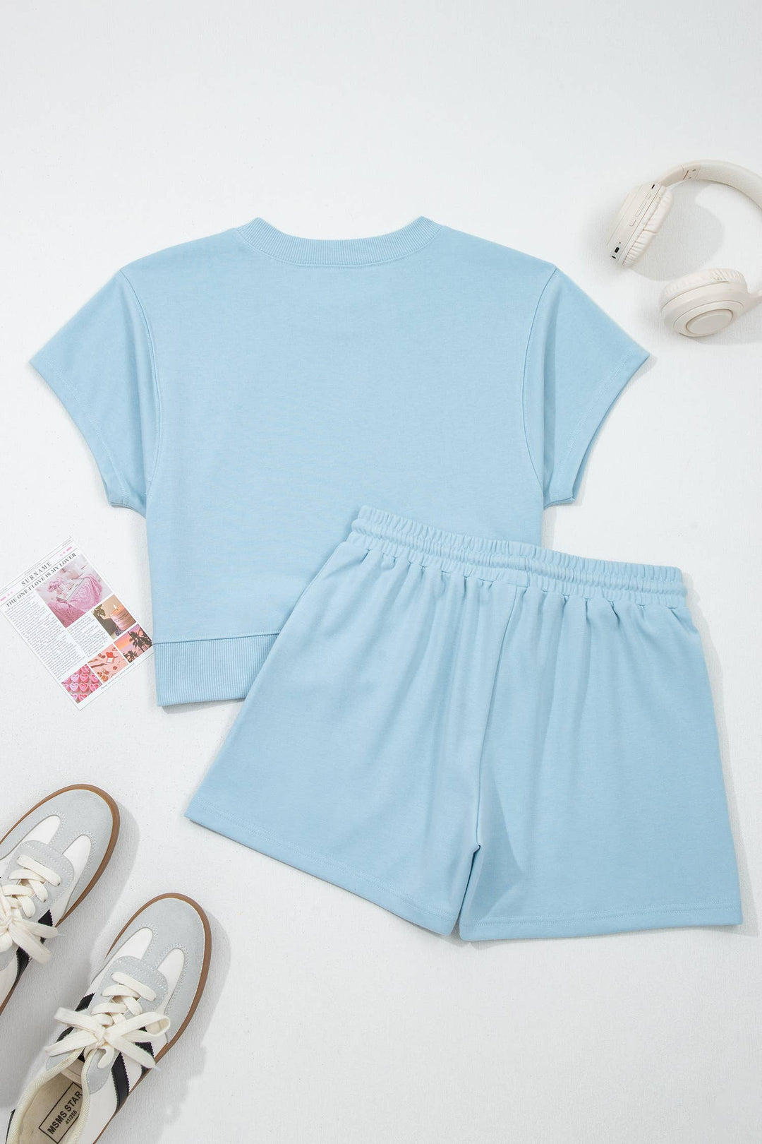 Solid Loose Tee Drawstring 2pcs Shorts Sets