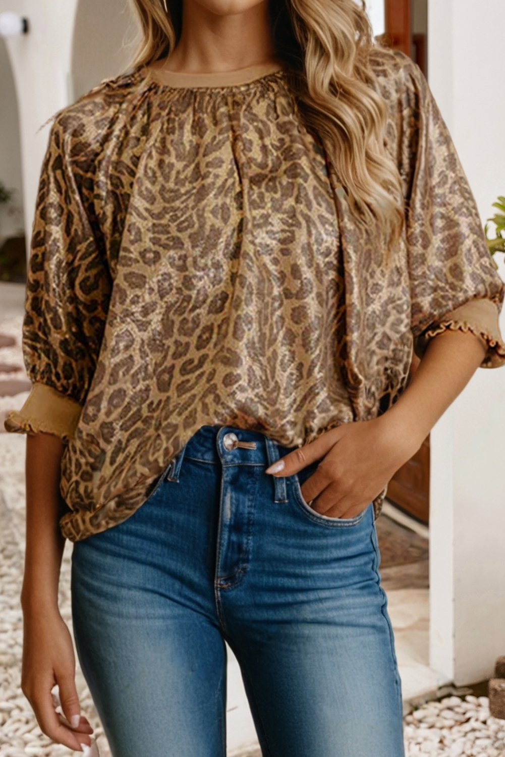 Little Daisy Closet - LDC Leopard Print Color Block Patchwork Half Sleeve Blouse