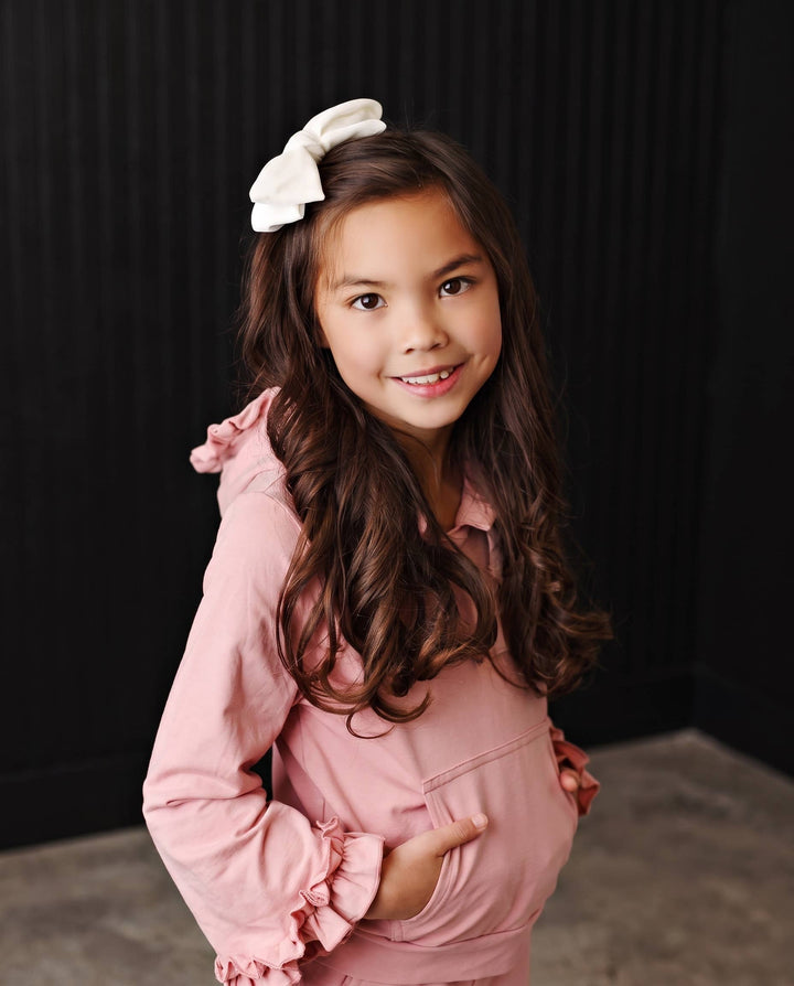 Kids Dusty Pink Hooded Ruffle Pocket Fall Winter Lounge Set
