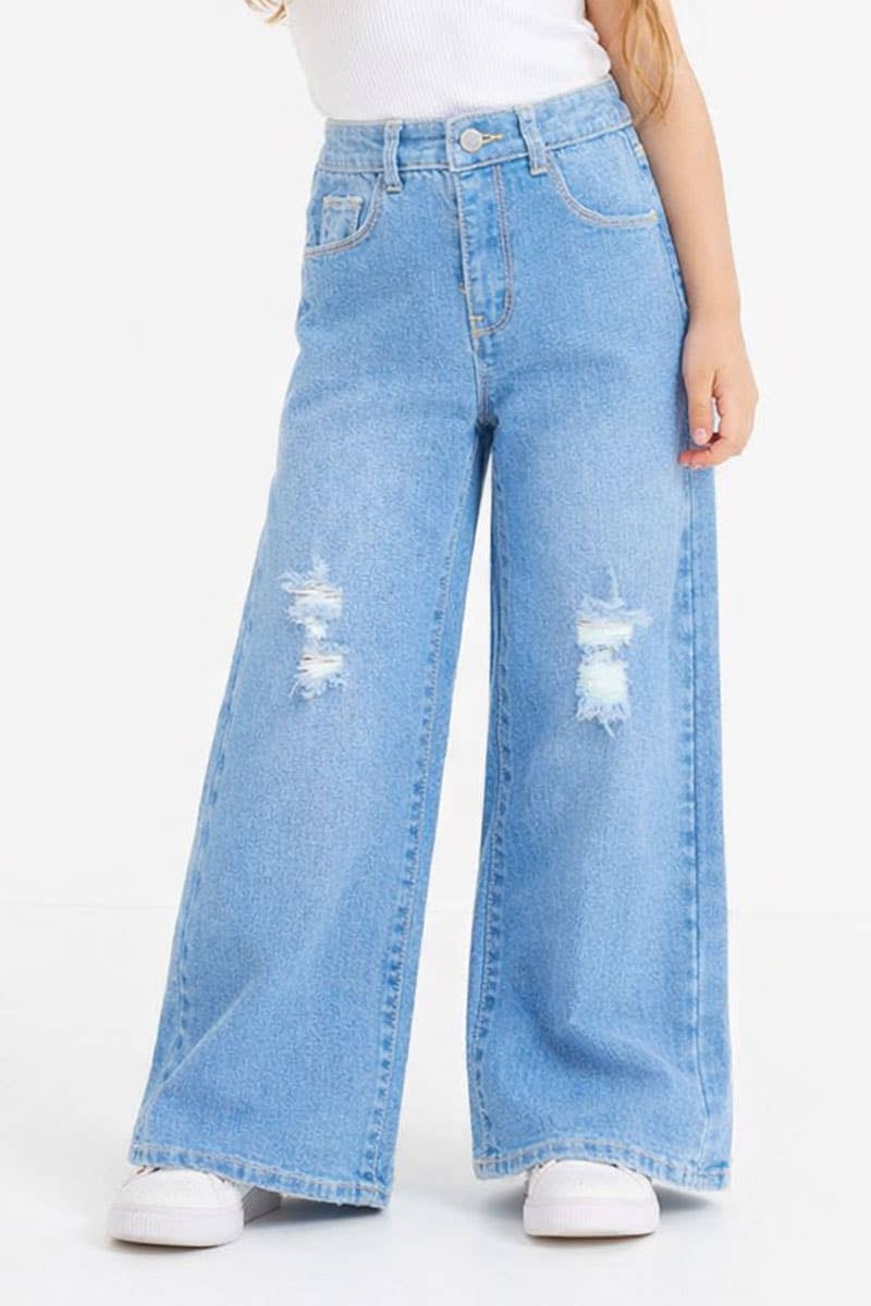 Girl Wide Leg Denim Jeans w/ Distress