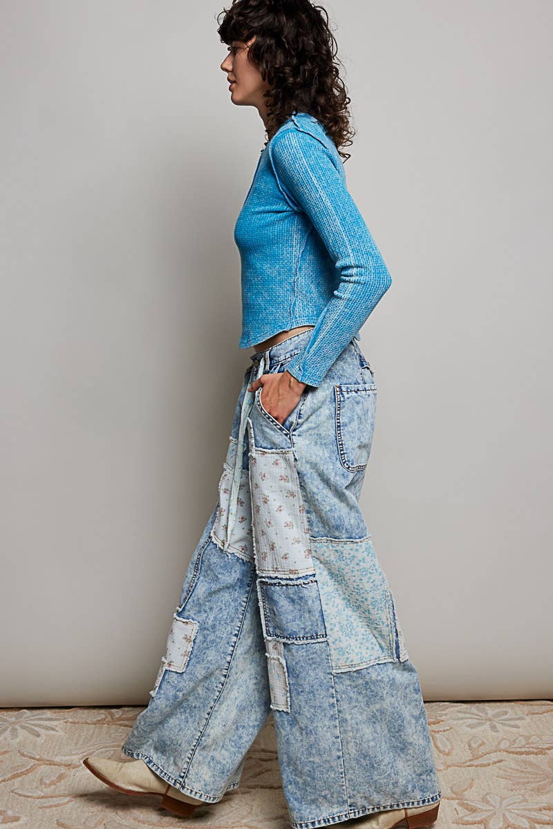Pol Clothing - Patchwork Detail Denim Straight Fit Pants