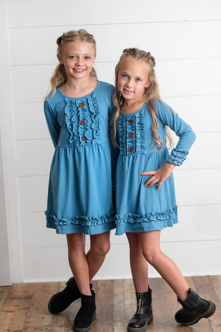 Adorable Sweetness - Girls Long Sleeve Solid Blue Ruffle Button Fall Winter Dress