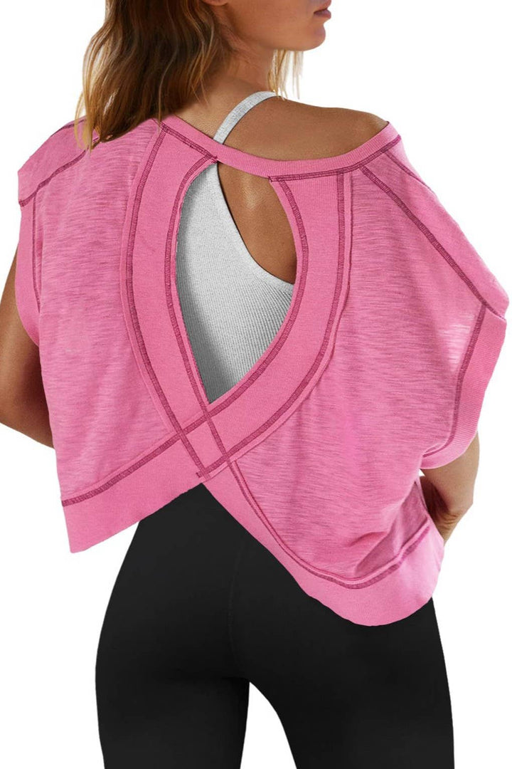 Rosa Clothing - Slouchy wrapped cutout back short sleeve workout tee top