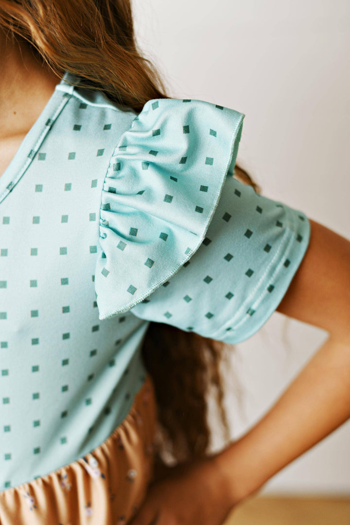 Girls Fall Ava Teal Beige Floral Dot Tiered Twirl Dress