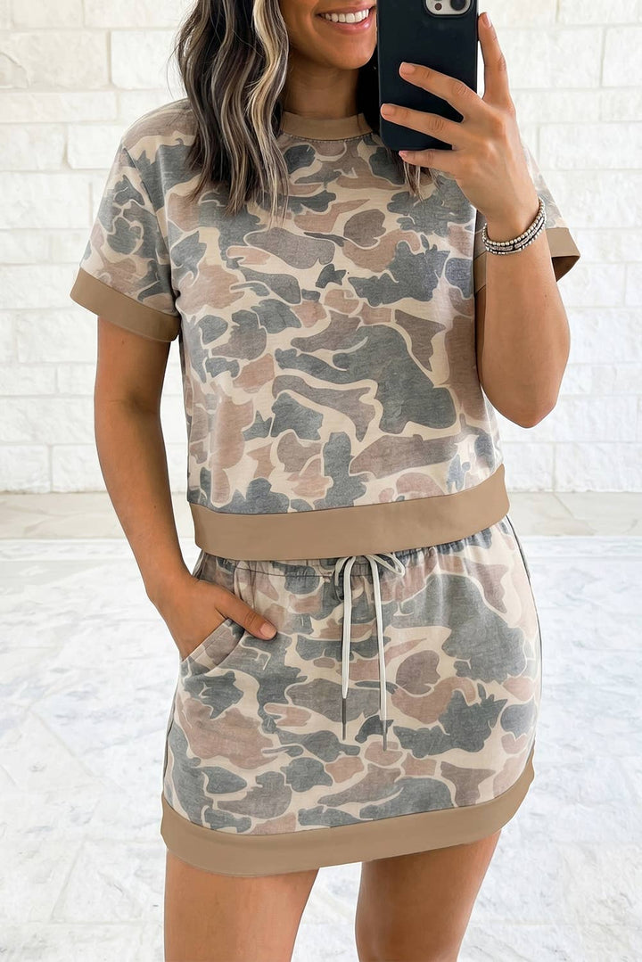Retro Camouflage Color Block Trim 2 PC Top Skort  Sets