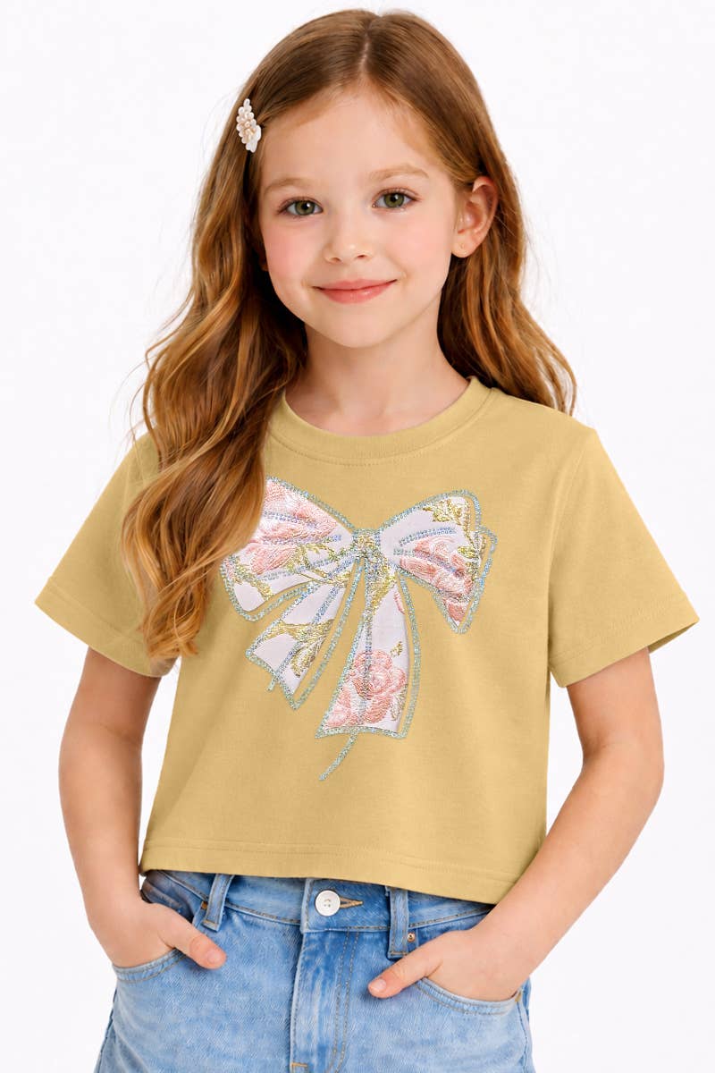Girls Crop Tee w/ Bow Patch &amp; Rhinestone
