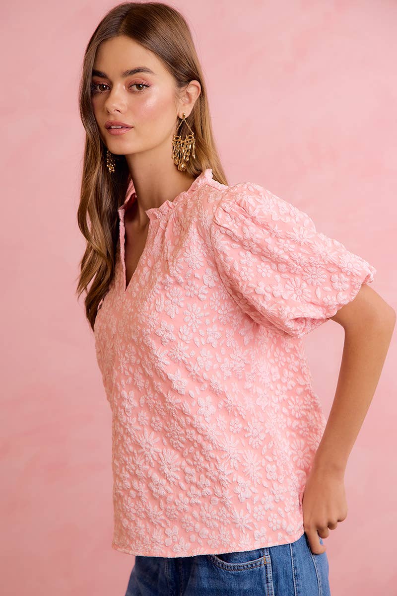 BiBi - FLORAL PATTERN TEXTURE SLEEVES RUFFLED V-NECK TOP