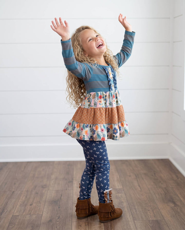 Girls Fall Blue Midnight Honey Ruffles 3 Tiered Pant Set