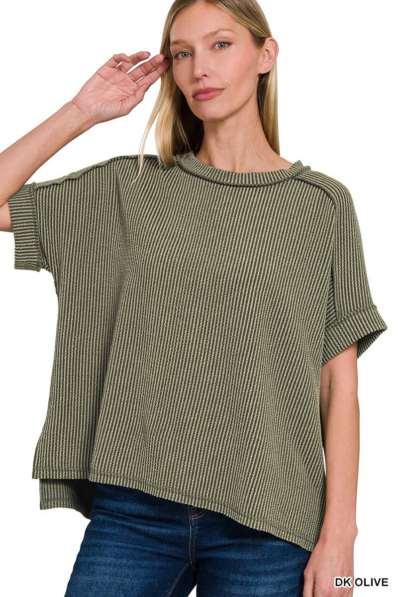 Textured Line Short Cuff Sleeve Raw Edge Top