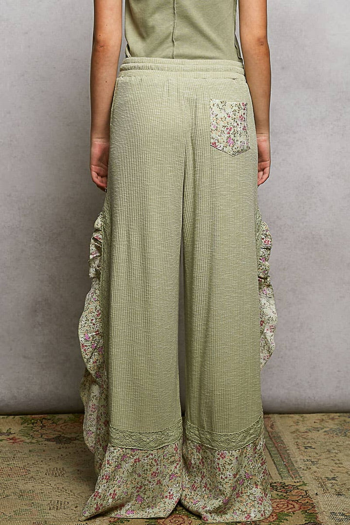 Pol Clothing - Floral Pattern Ruffle Detail Ribbed Knit Pants