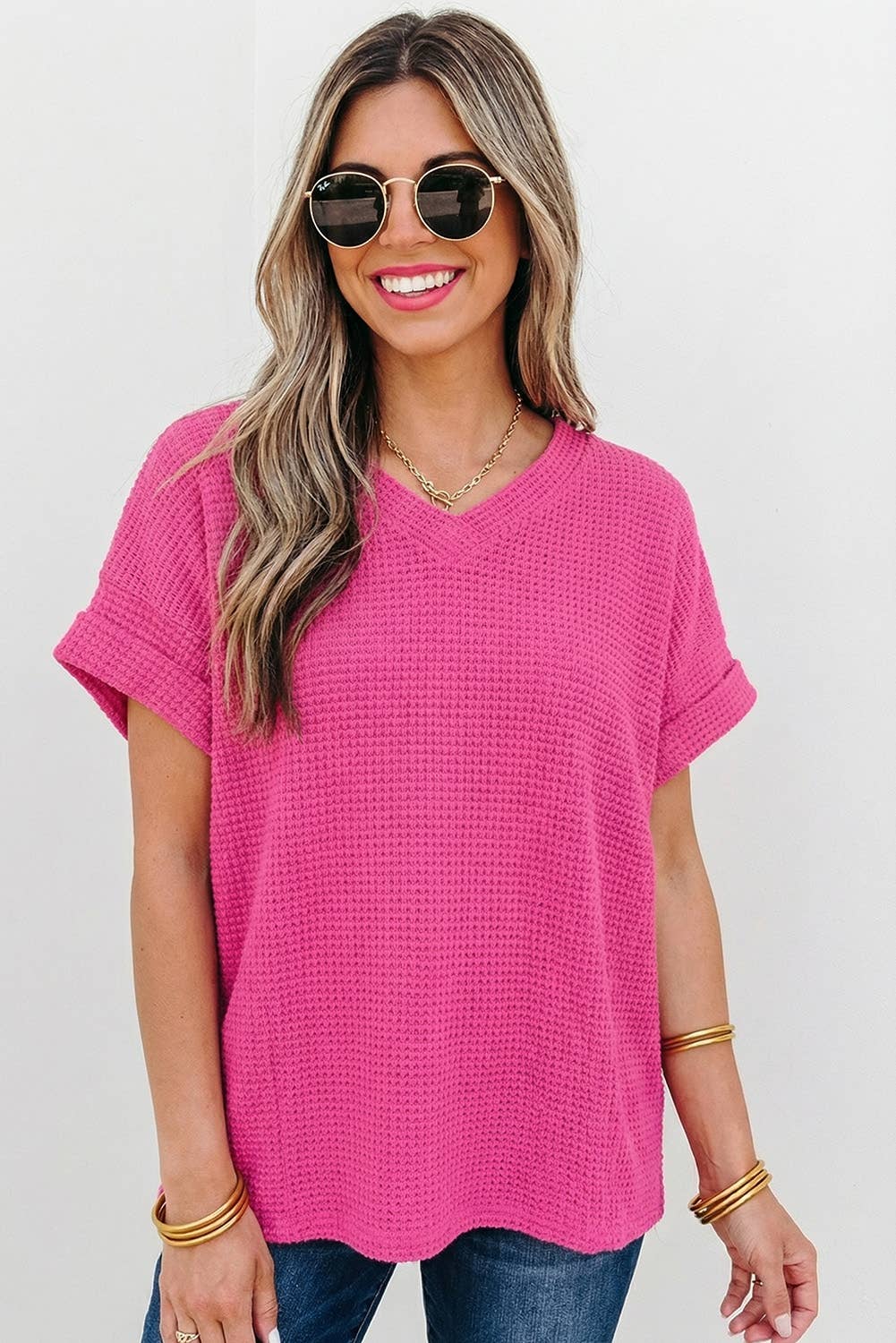 Aapparella - Waffle Texture V Neck Short Sleeve Knit Top | S-XL
